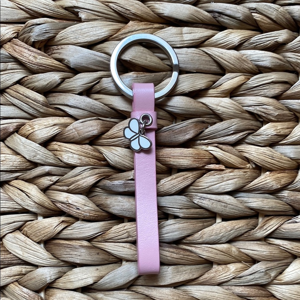 Pink Leather Keychain with Butterfly Charm